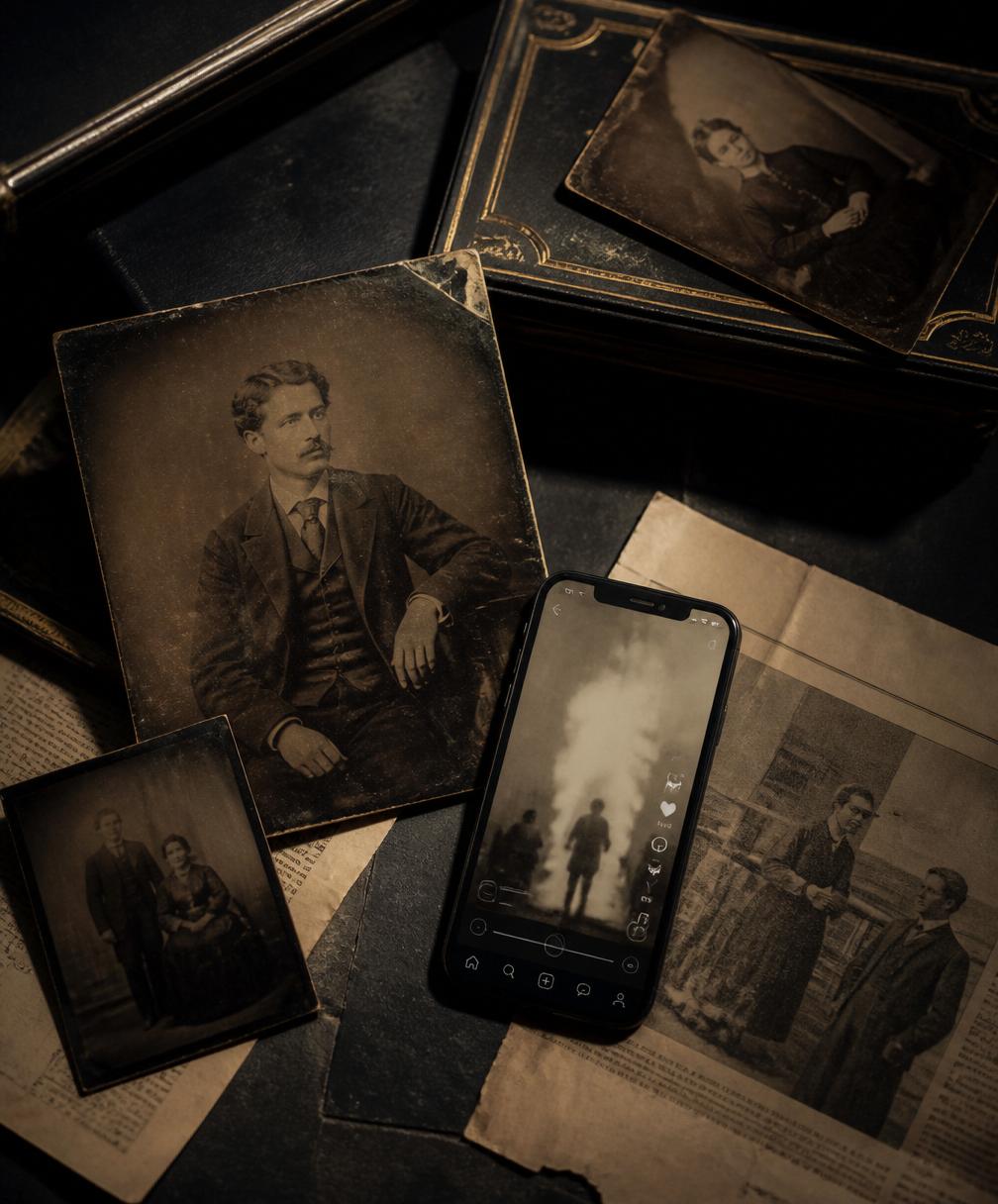 Antique 1877 photographs and clippings arranged with a modern smartphone.