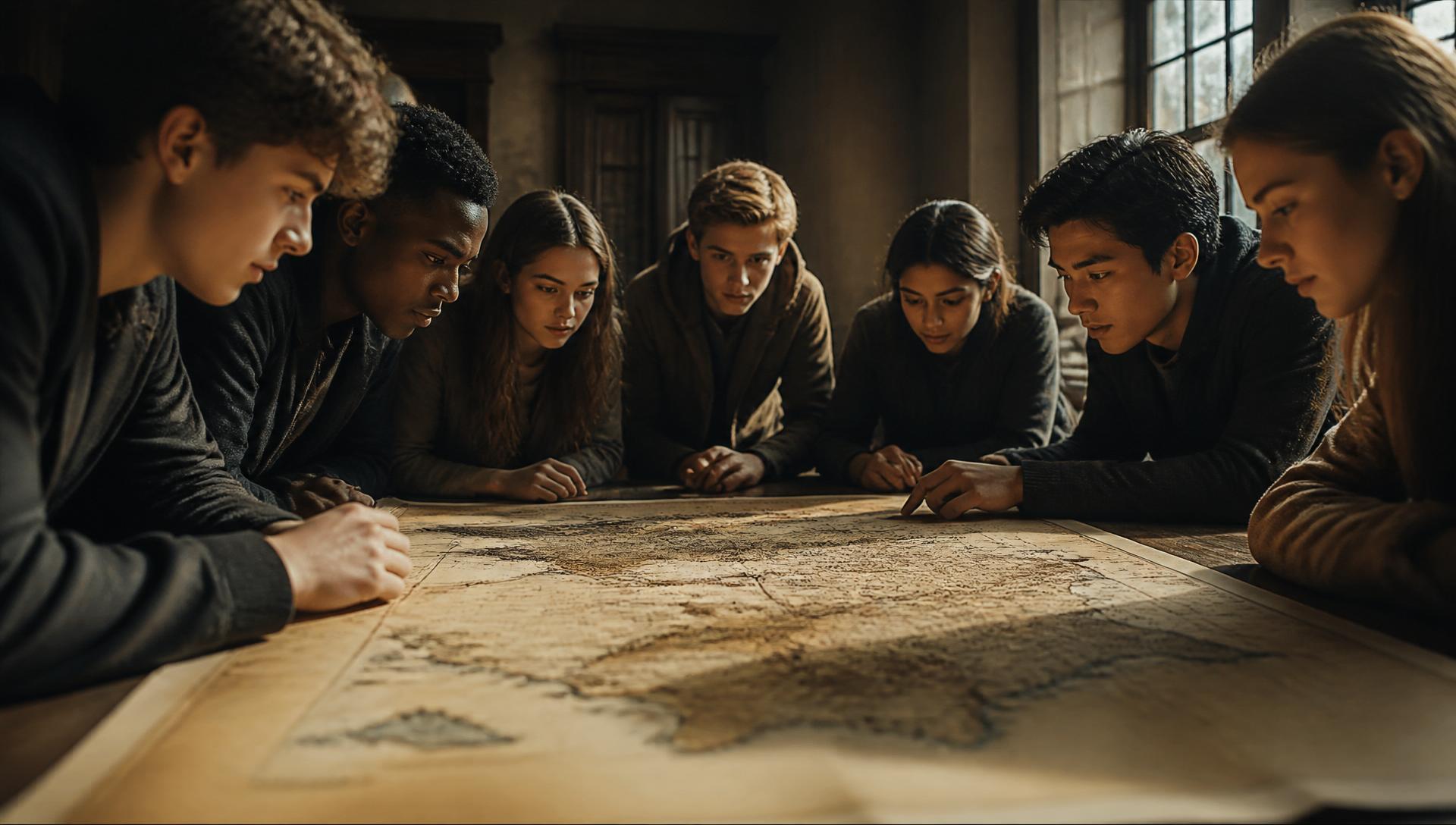 Students gathered around a historical map in warm natural light.